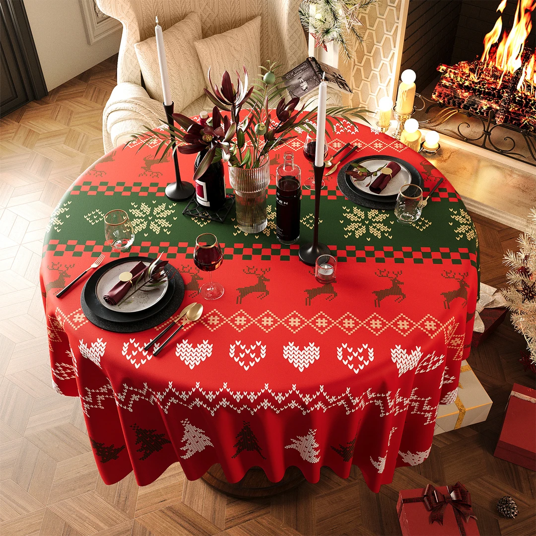 圣诞桌布防水防油免洗圆形新年红色餐桌布装饰盖布氛围感圆桌台布