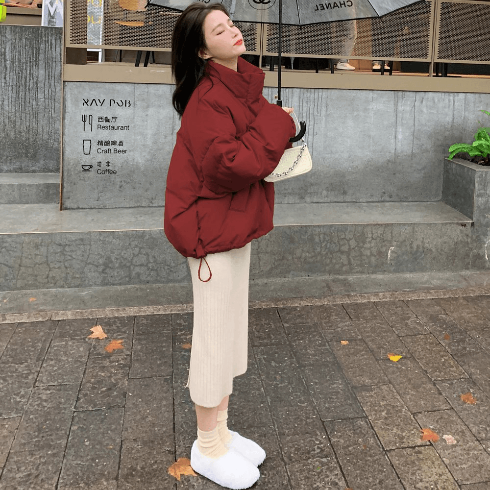 爆款红色立领大码女冬季短款小个子2023新款小众设计感加厚羽绒