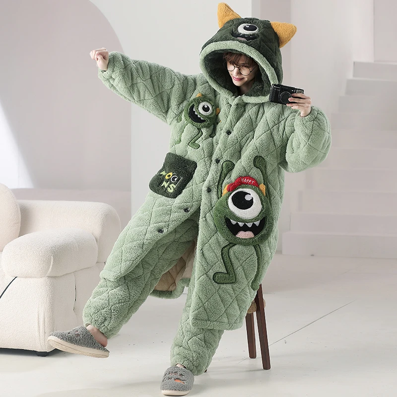 睡衣男冬款加厚加绒三层夹棉中长款睡袍冬季法兰绒连帽家居服套装