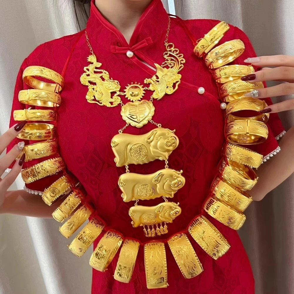 铜合金吊坠 经典霸气三层金猪牌项链新娘结婚陪嫁光面龙凤猪吊坠