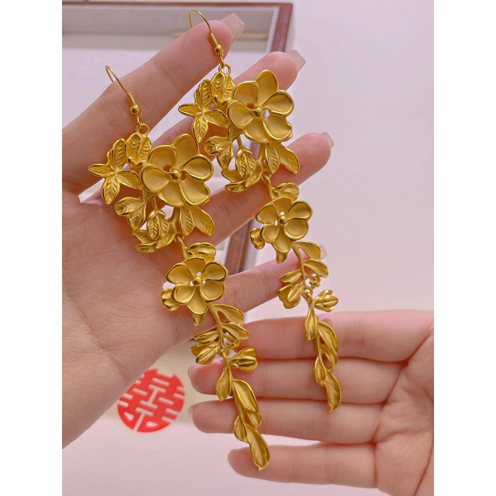 合金耳饰 新款镀金花朵宝藏文创新娘造型百搭配长款流苏气质耳环