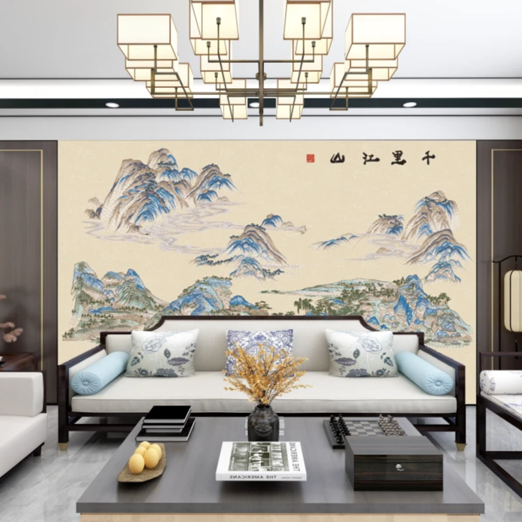 高端新中式刺绣山水工艺系列展示千里江山10刺绣墙布尺寸可定制