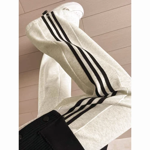 白灰色条纹运动裤子女春秋美式新款休闲宽松直筒小个子阔腿裤