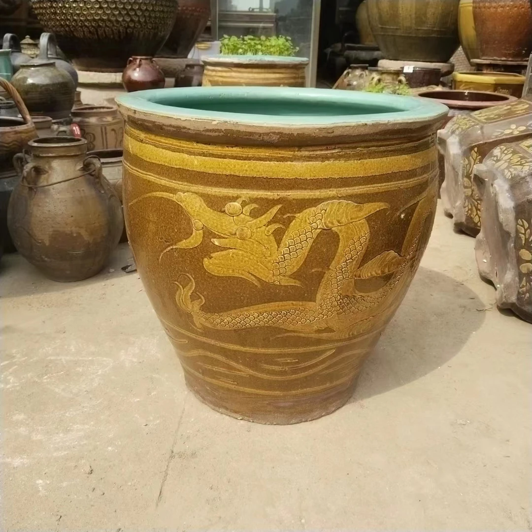 精品老龙缸老陶缸松石绿釉龙缸种荷花古法养鱼