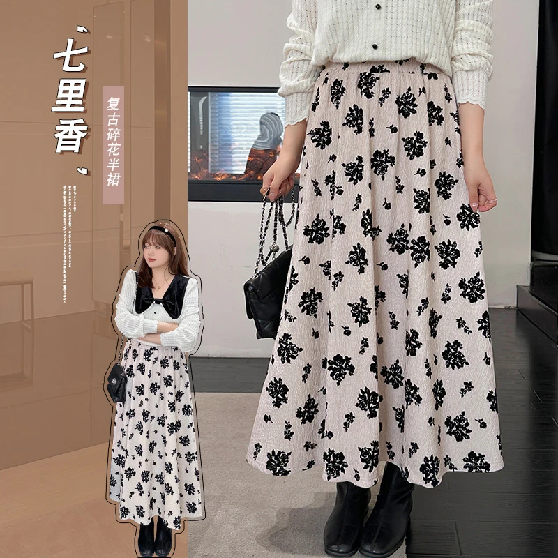 W944微胖大码法式复古碎花半身裙冬款胖MM遮肉中长款半裙
