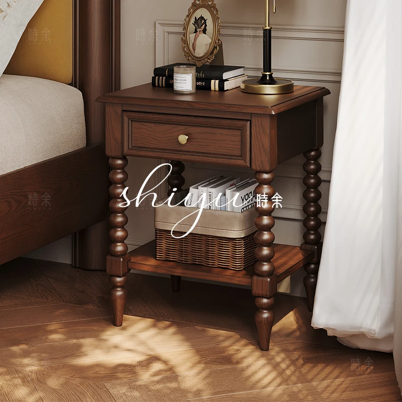 时余卢卡床头柜美式轻奢复古客厅简约做旧落地家用全实木床头柜