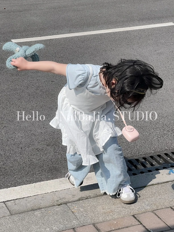 NaiBaJia小众韩版春夏风感波粒牛仔防晒百搭儿童泡泡袖夏季长袖