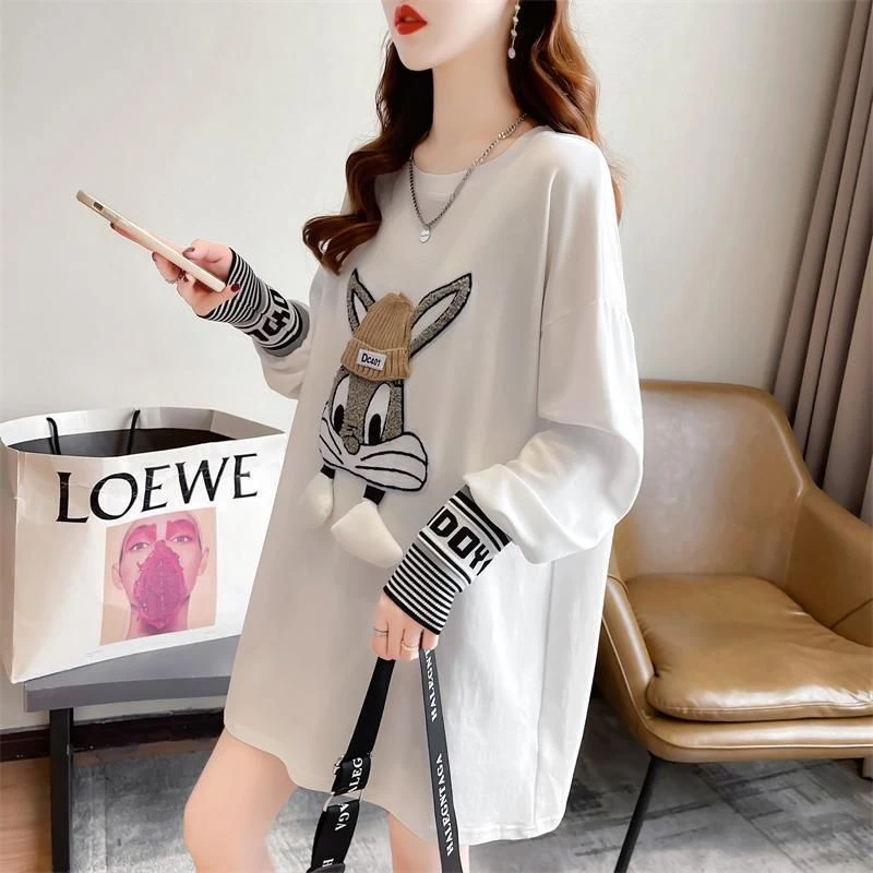 秋冬磨毛德绒中长款遮屁股打底衫2024新款大码宽松长袖t恤上衣女