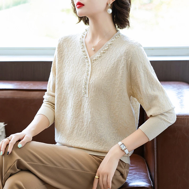宝莲朵秋季新款女式针织衫时尚洋气中老年妈妈装毛衣