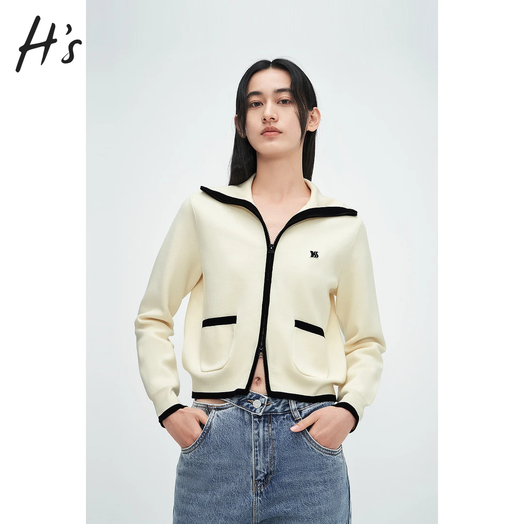 HS双头拉链针织衫24早春新品高级设计宽松落肩高领翻领针织开衫女