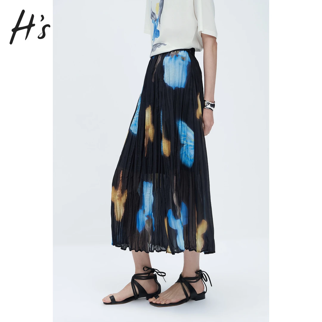 HS蝴蝶印花百褶裙夏季新品高级设计感松紧腰压褶直筒肌