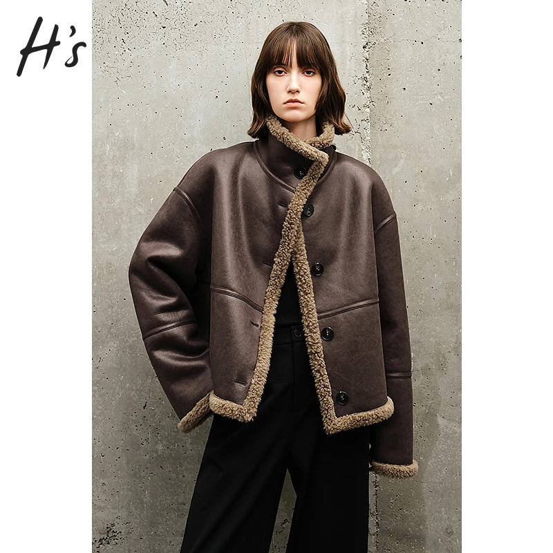 HS翻毛皮质外套女2024冬季新款高级设计感柔软羊毛保暖短款上衣