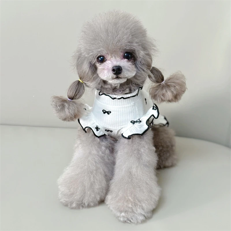 高弹春夏蝴蝶结家居服飞袖连衣裙宠物猫狗衣服长袖小型犬猫打底衫