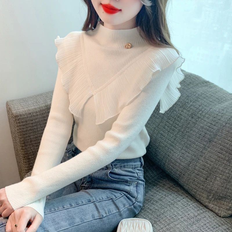 荷叶边半高领长袖针织衫女士洋气时尚百搭打底衫甜美减龄气质女装