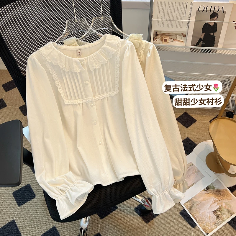 2024秋装花边长袖衬衫女士洋气时尚百搭衬衣气质显瘦减龄上衣女装