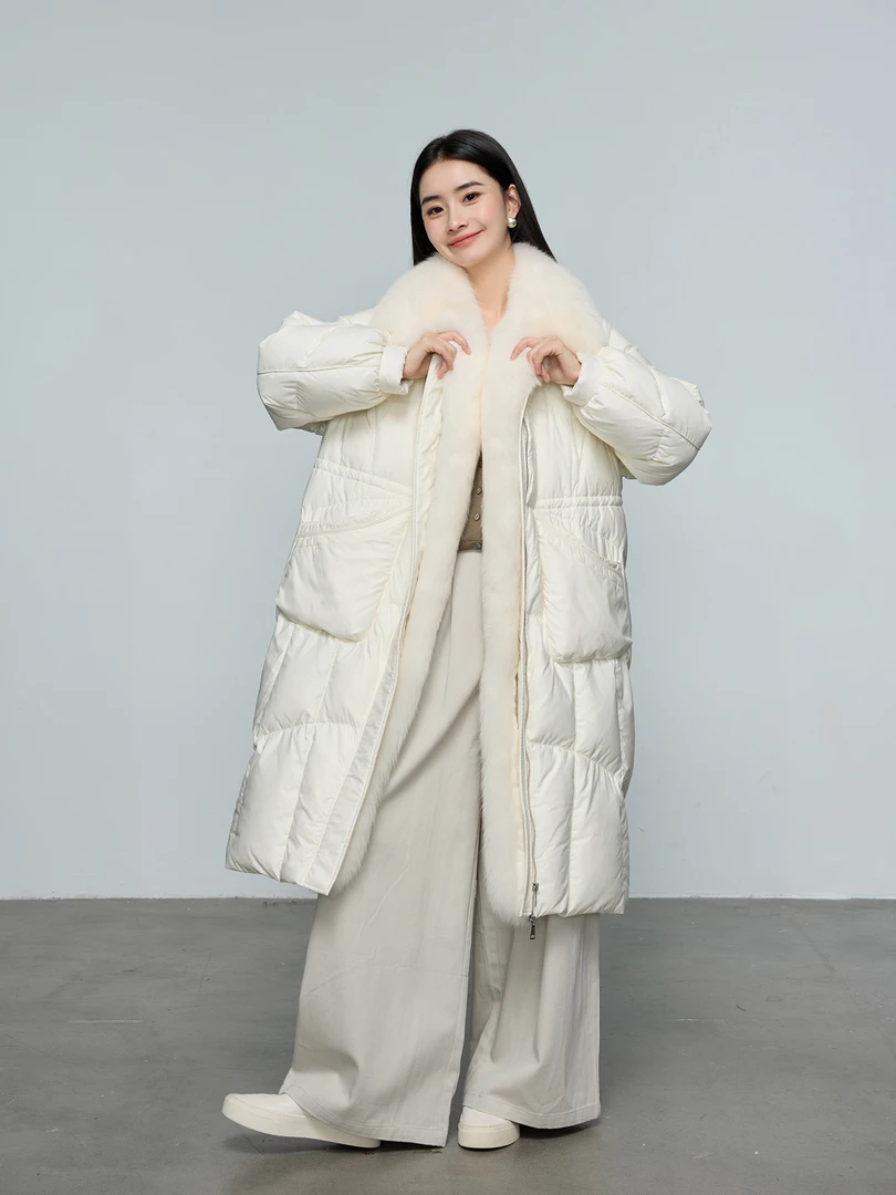 冰川海岛 2025冬季新款90白鹅绒羽绒服女长款大狐狸毛领24894-2