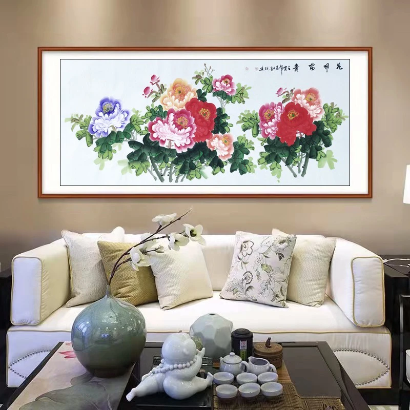 国画【花开富贵】纯手绘画芯原稿180*70未装裱注：框是效果图