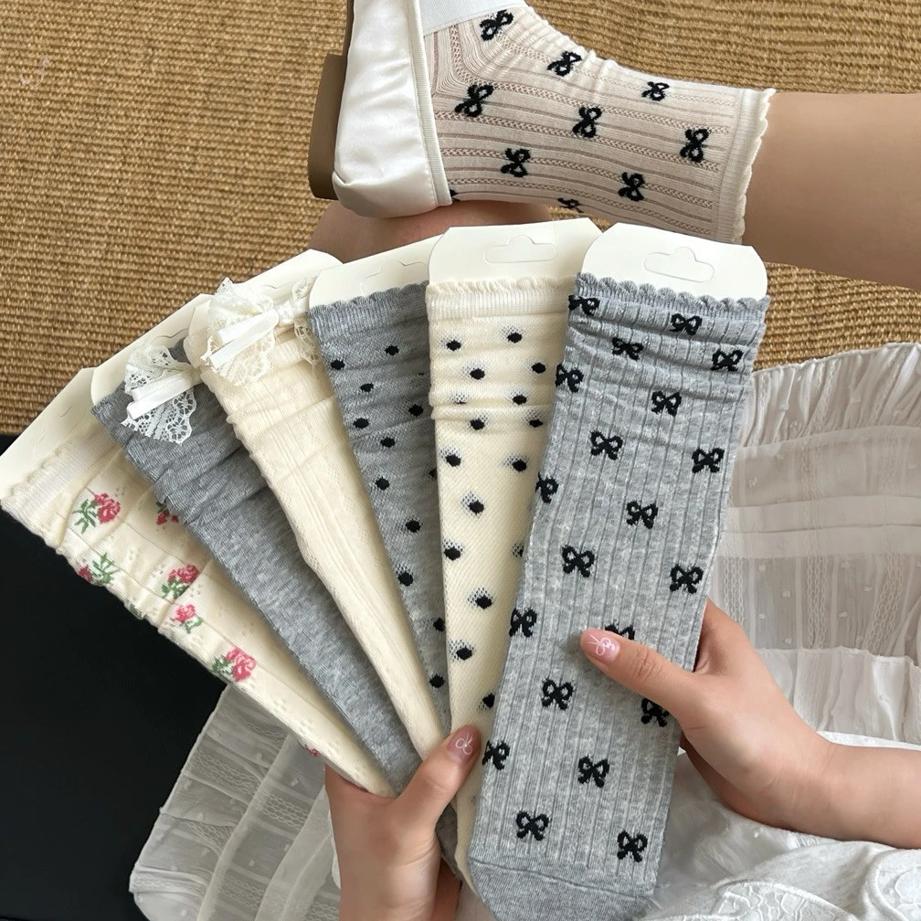 春夏新款波点袜子女蝴蝶结薄款网眼中筒袜女波点网红袜透气百搭袜