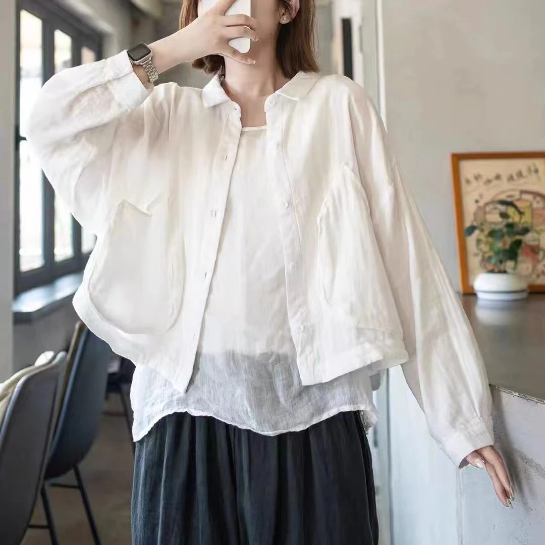 【萤锦】溥款宽松休闲水洗做旧棉麻长袖衬衫