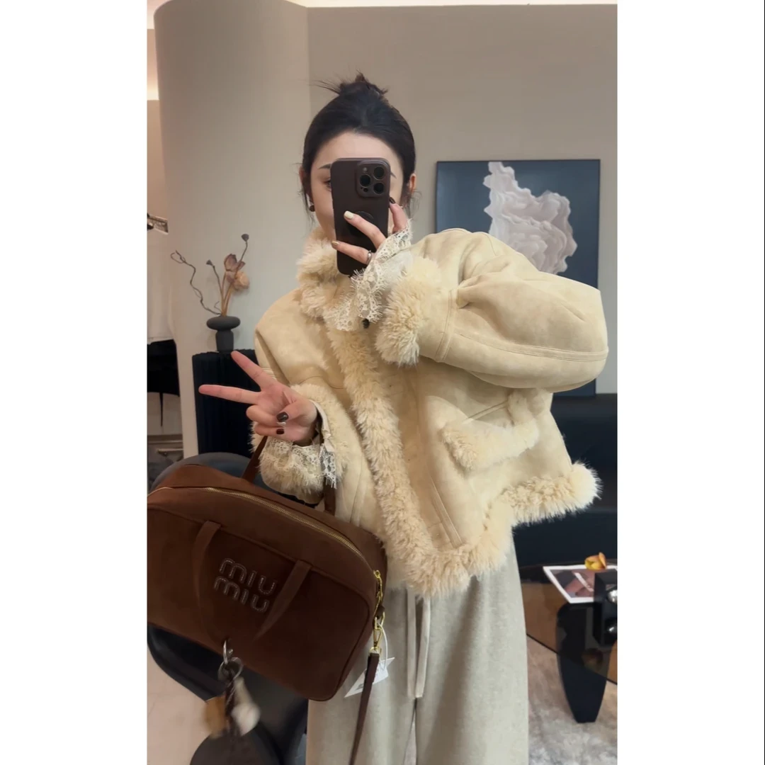 皮毛一体外套女2024冬装新款百搭时尚小个子短款上衣