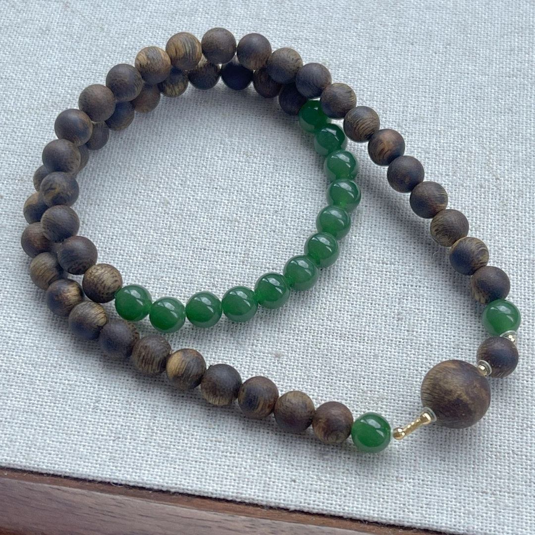 沉香【珊木居】S820TZ 迦静 18K金 红骨凹身沉香0.6辣阳绿双圈手串