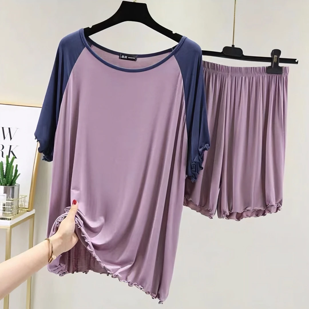 莫代尔家居服套装女夏季短袖短裤休闲可外穿睡衣套大码宽松T恤衫