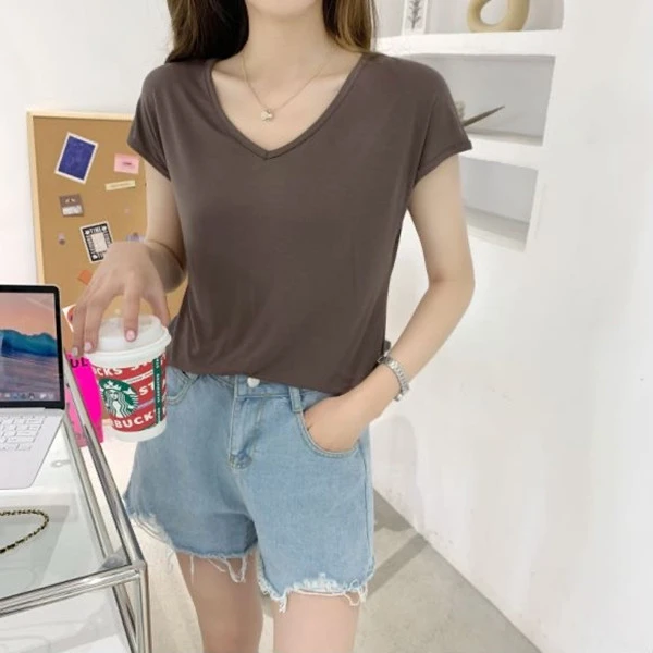 夏季薄款莫代尔无袖t恤女V领短袖上衣宽松大码背心休闲纯色打底衫