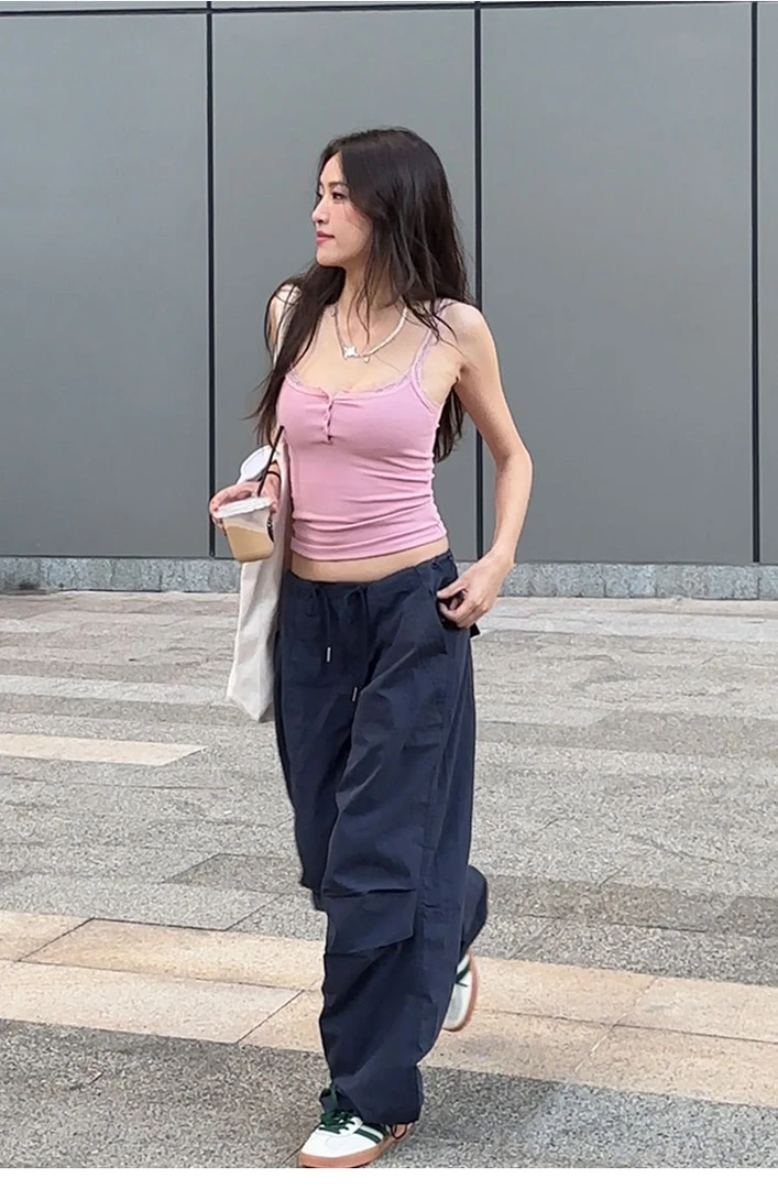 【YD】美式街头设计感抽绳工装裤伞兵裤中腰阔腿长裤775