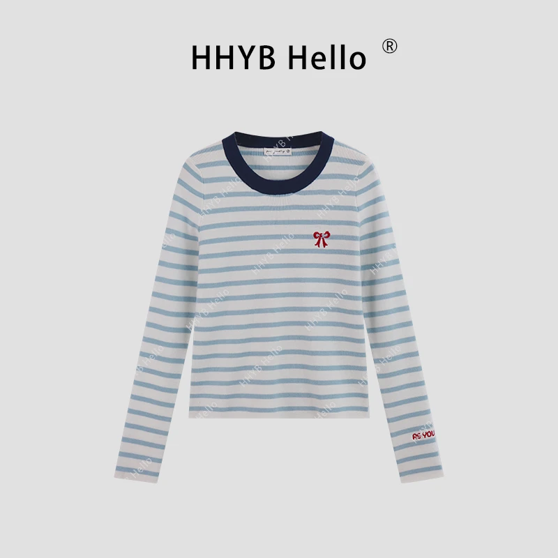 【YD】圆领条纹针织长袖打底衫女2024秋冬新款百搭上衣M775