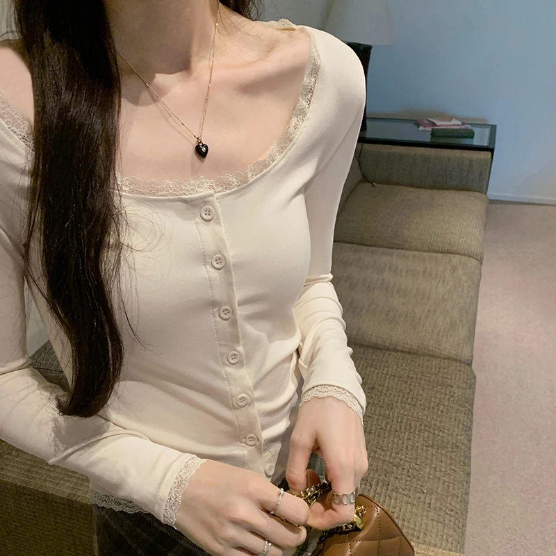 【YD】蕾丝花边u领纯欲开衫长袖T恤新款百搭修身内搭打底上衣240164