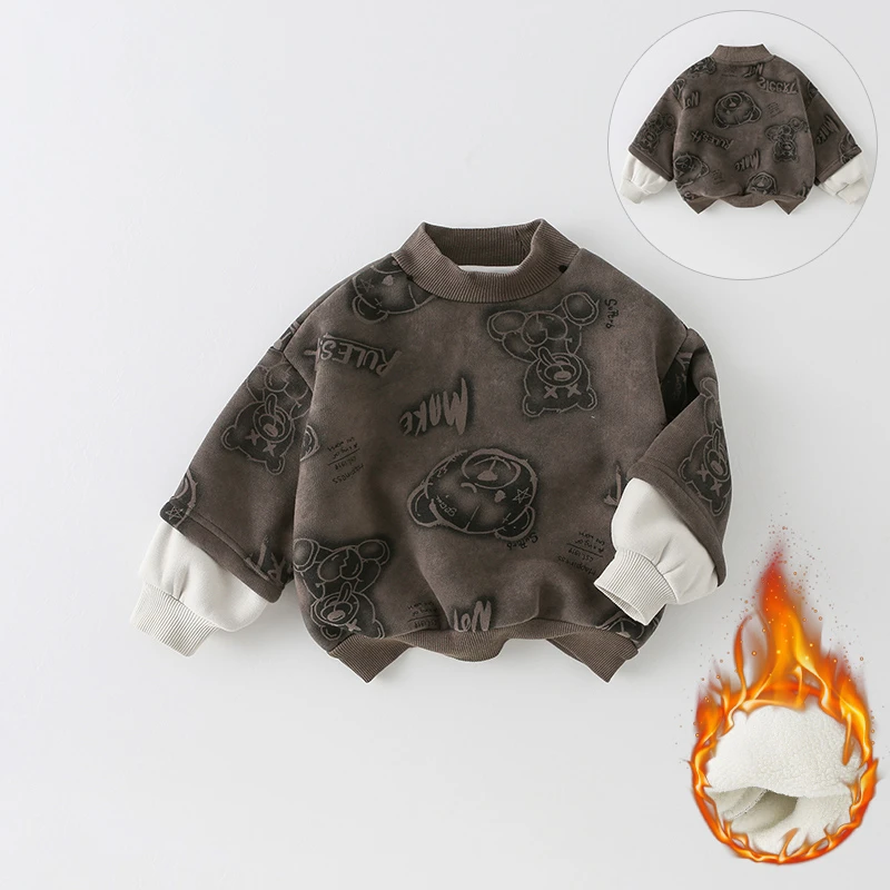 新款【加绒】儿童卫衣秋冬2024男童韩版洋气假两件卡通长袖AS644