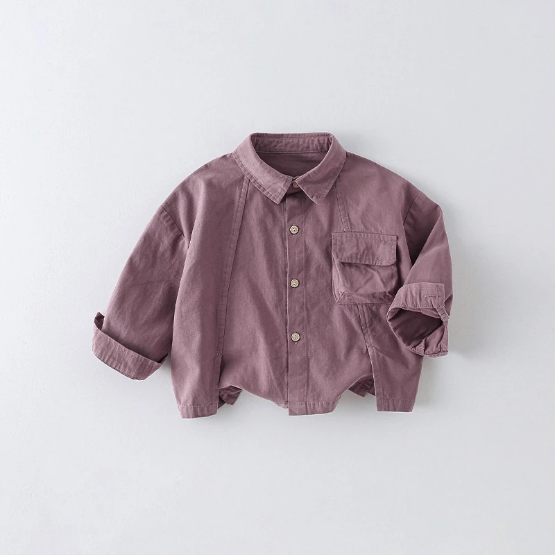 【现货】儿童纯棉衬衫春秋新款男童洋气拼接纯色翻领外套AW614