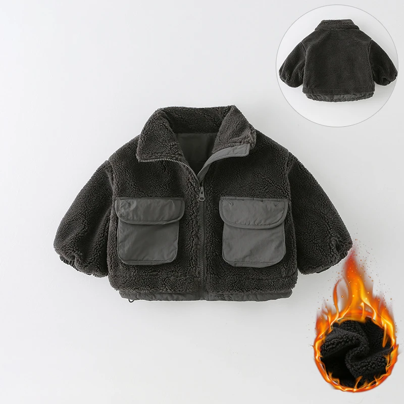 现货【加绒】儿童外套冬季2024新款男童洋气纯色假两件外套AW659