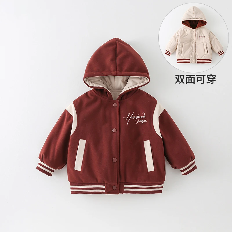 现货【双面穿】儿童棉服冬季2024新款男童洋气拼色字母外套AW724