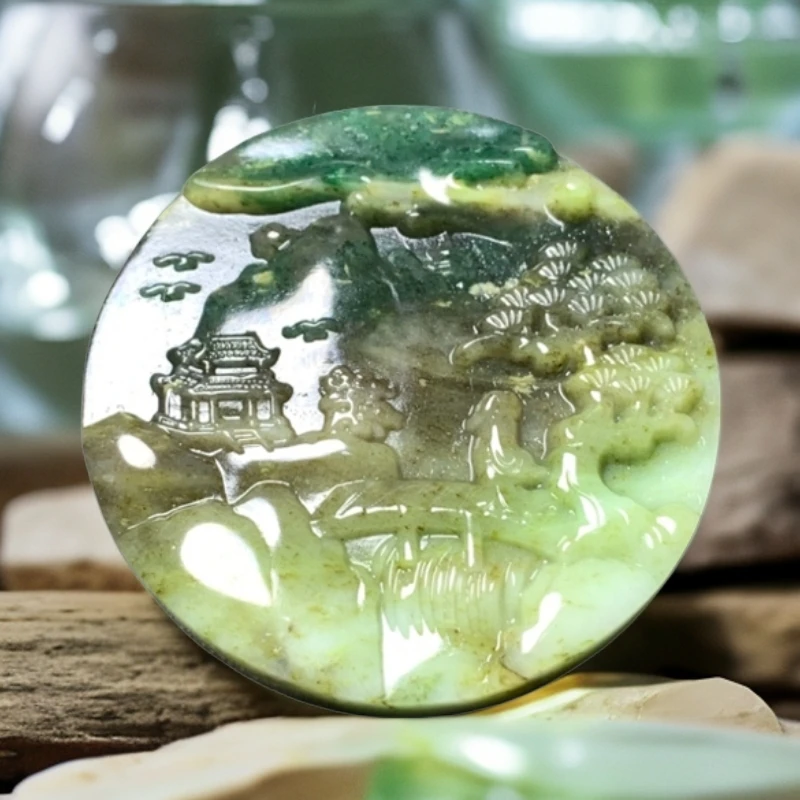 天然玉石独山玉男女款A192风景人物圆牌52×8mm