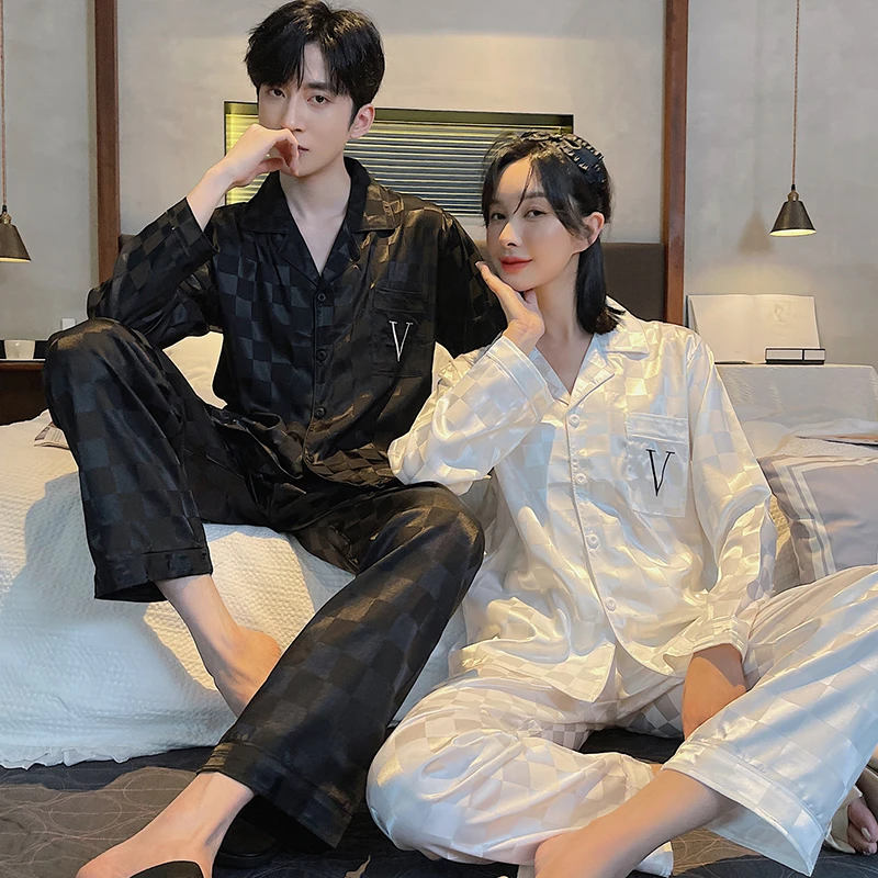 情侣冰丝睡衣女长袖夏天开衫男士春秋季薄款高级感休闲家居服套装