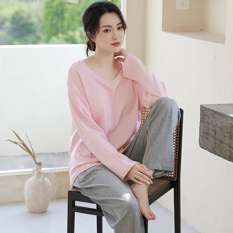 带胸垫睡衣女士长袖圆领春秋季莫代尔休闲纯色简约薄款家居服套装