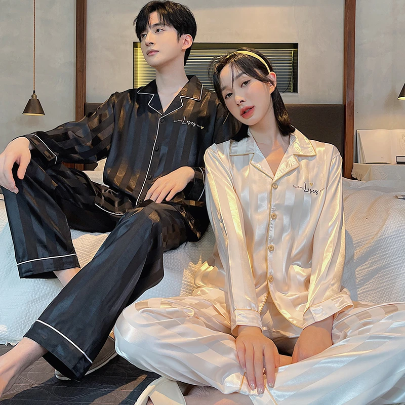 情侣夏季冰丝睡衣女长袖开衫男士春秋薄款高级感可外穿家居服套装