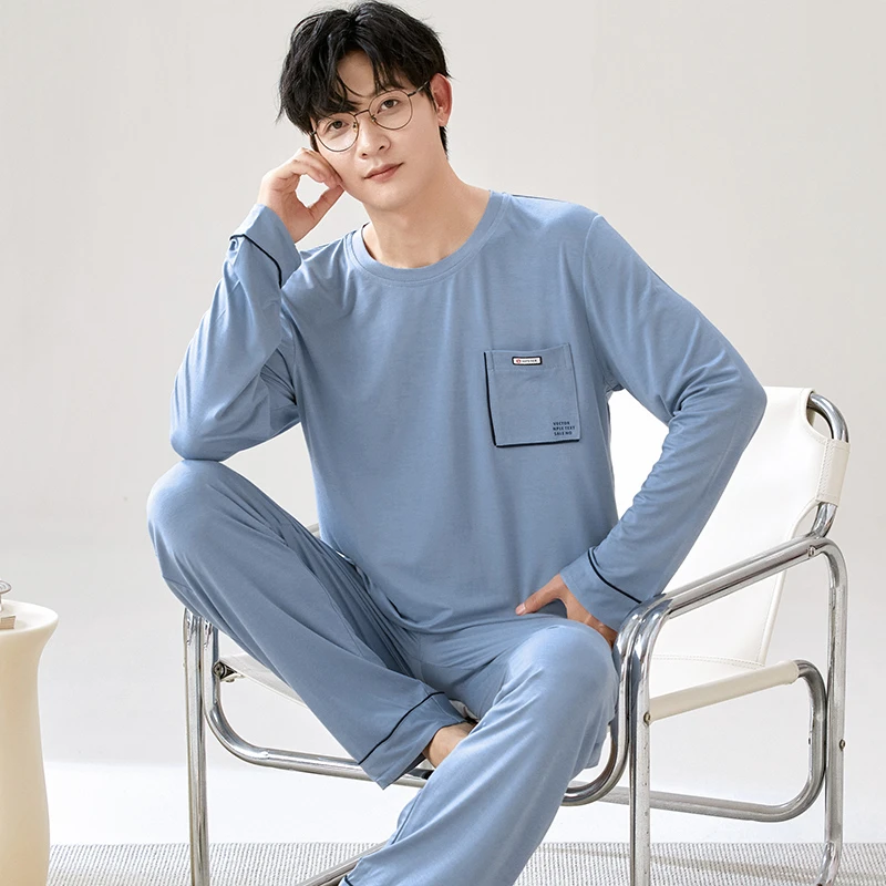 男士睡衣长袖休闲居家春秋季长裤莫代尔秋冬天薄款家居服套装圆领