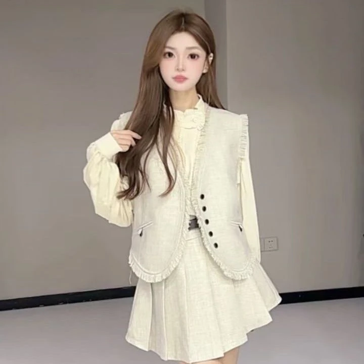 2025秋新款立领长袖衬衫配小香风马甲高腰百褶半身裙甜美气质套装