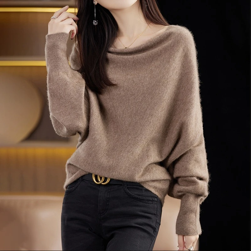 秋冬新款荡领蝙蝠袖针织衫女设计感慵懒风时尚洋气套头宽松上衣潮