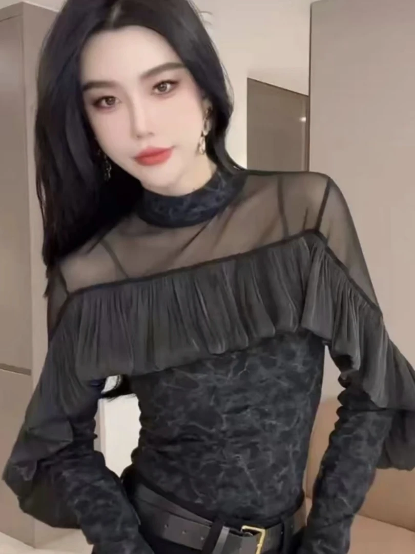 秋冬新款网纱时尚洋气拼接圆领荷叶T恤长袖打底显瘦秋冬新款上衣