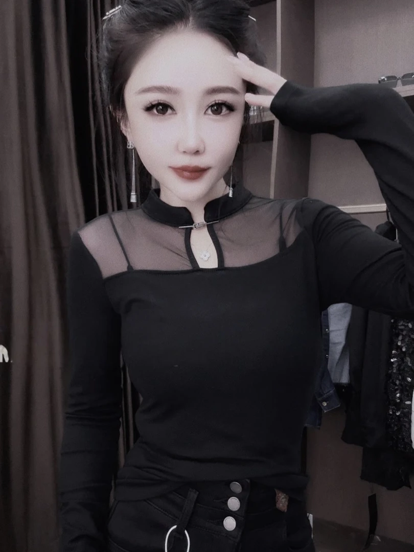 欧洲站秋冬新款时尚国风新中式重工盘扣拼接网纱磨毛加厚长袖T恤