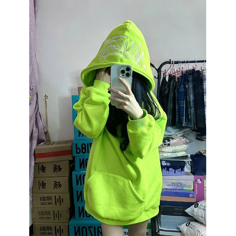 国潮牌美式hiphop重磅加绒加厚卫衣女秋冬宽松荧光绿连帽上衣外套