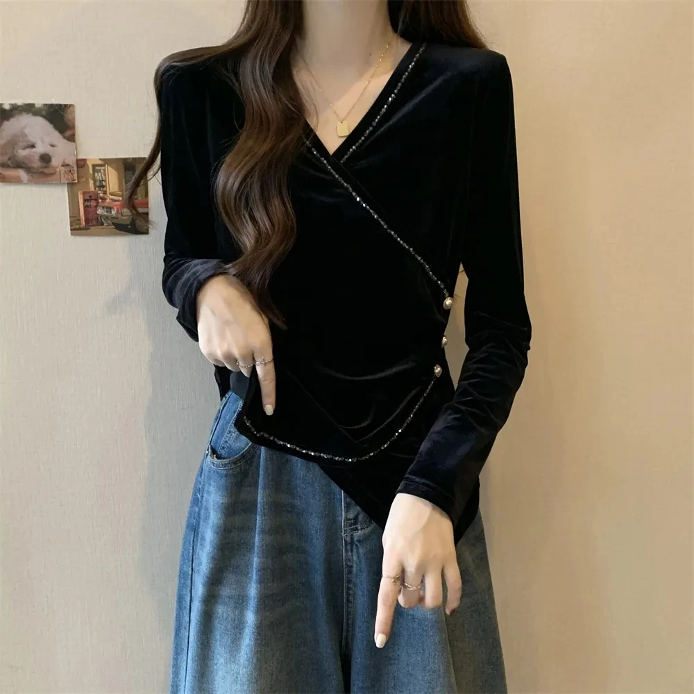 2025春秋新款金丝绒v领正肩长袖T恤胖mm显瘦内搭打底衫大码上衣