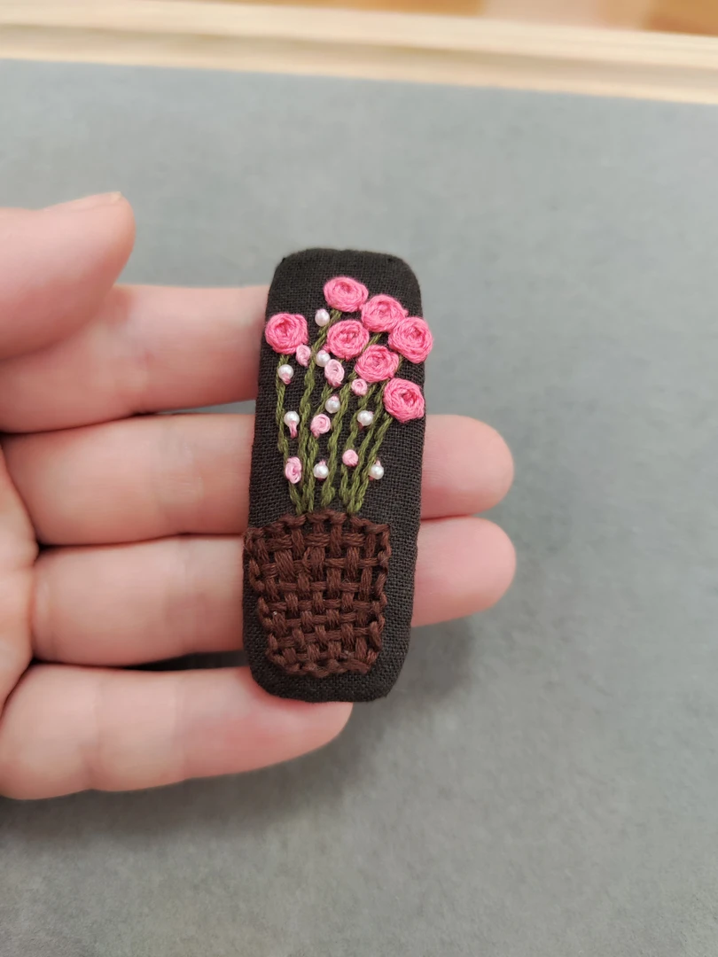 手工刺绣玫瑰发夹气质刘海夹时尚清新设计复古棕色可爱发卡纯手工