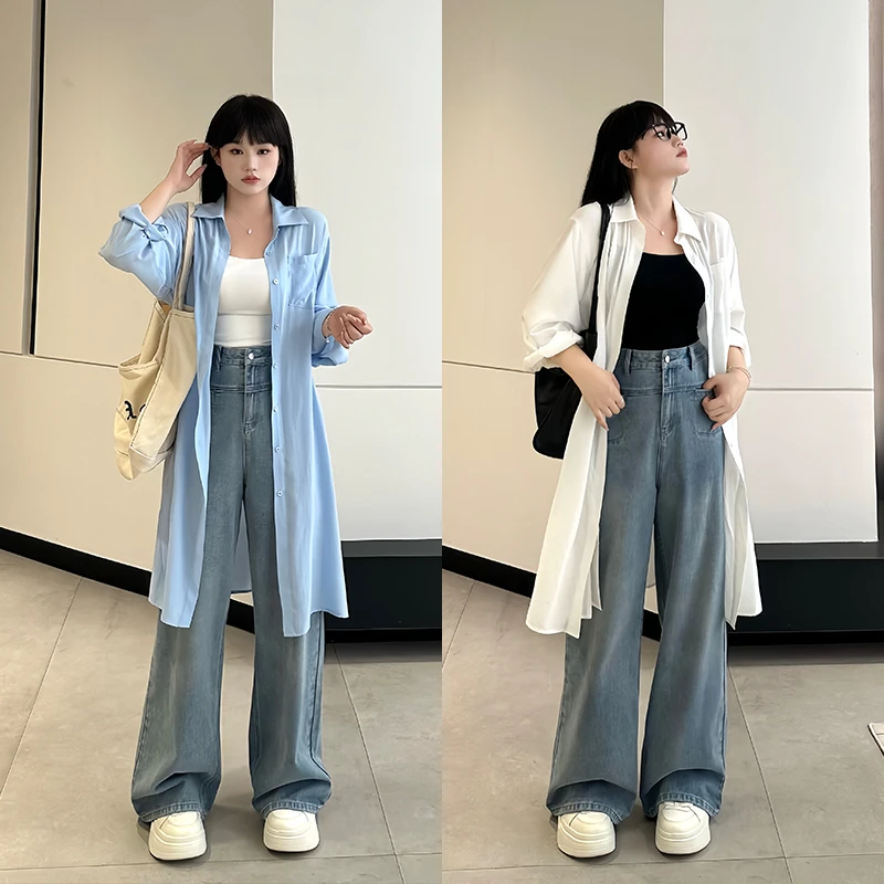 月半鱼现货【氧气女孩】复古设计感小众长款过膝衬衣裙宽松衬衣