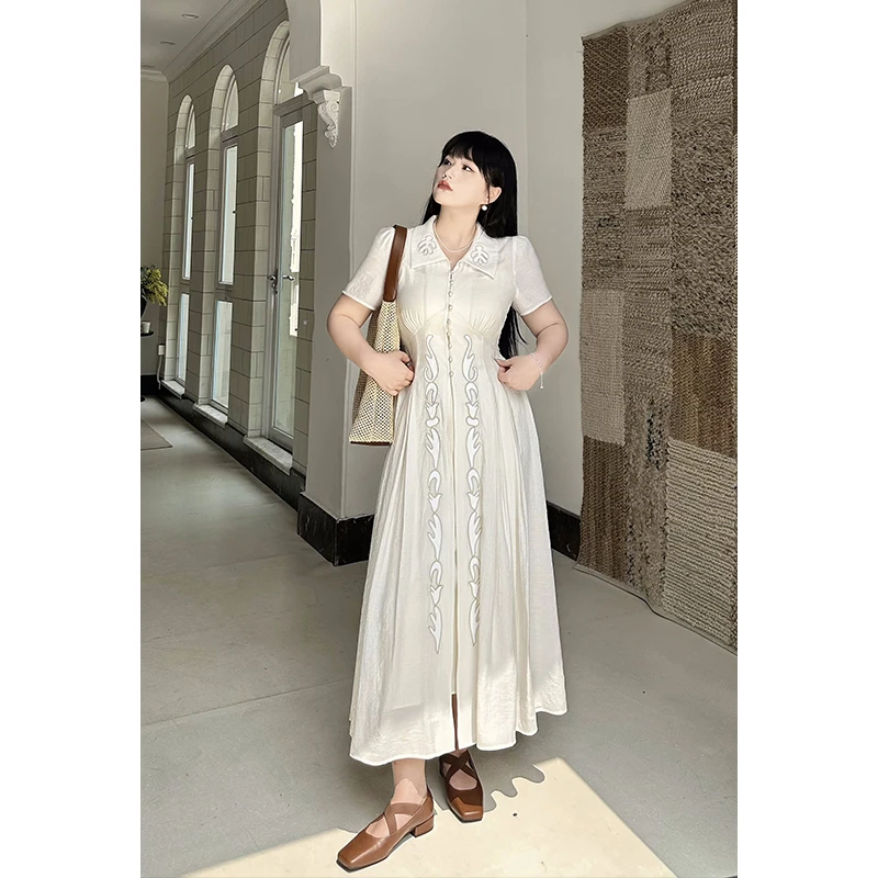 现货【希尔维亚】贴布绣花两件套连衣裙女新款设计感法式白色长裙