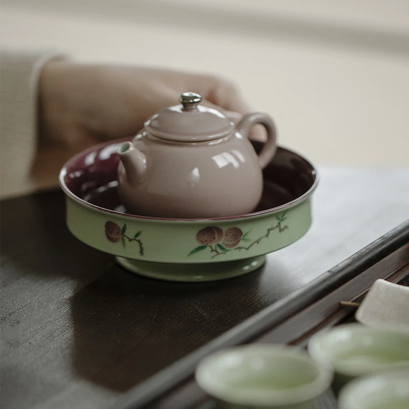 无落景德镇葡萄紫釉下粉彩手绘桃真书怀壶承干泡茶席干泡盘茶点盘