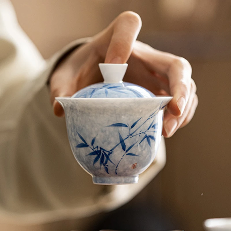 手绘竹子墨染青花盖碗功夫家用不烫手文人陶瓷霁蓝泡茶碗功夫茶具